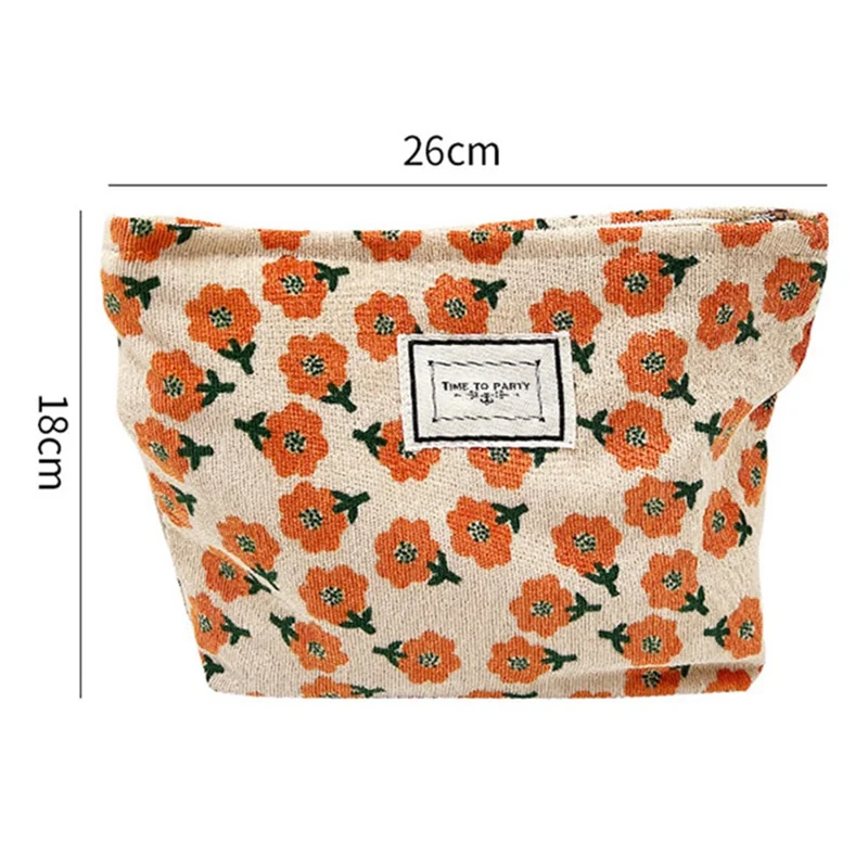 Portable Makeup Bag Vintage Flower Pattern Corduroy Travel Toiletry Organizer Zipper Pouch - Orange