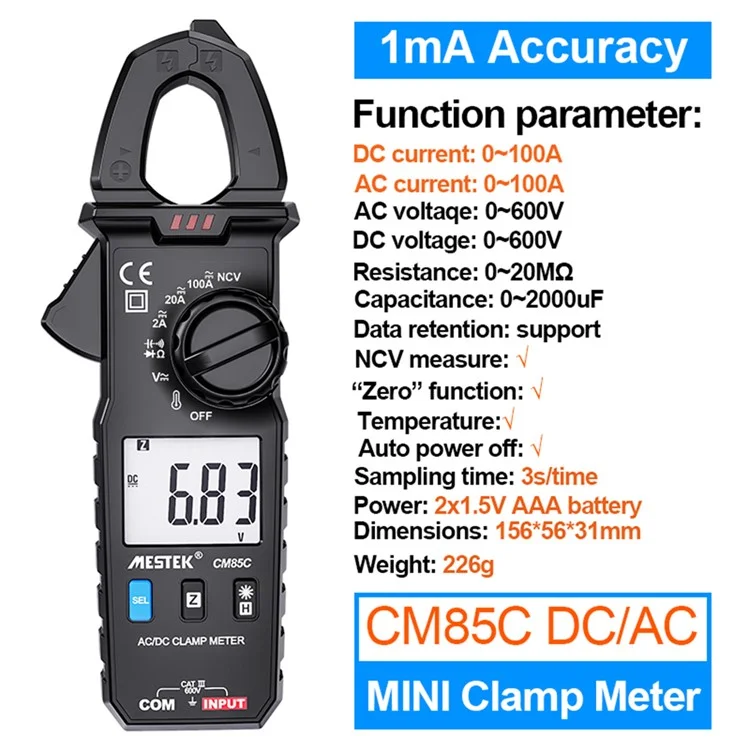 MESTEK CM85C Mini AC / DC Clamp Meter Multifunction HD LCD Screen Smart Multimeter (No Battery)