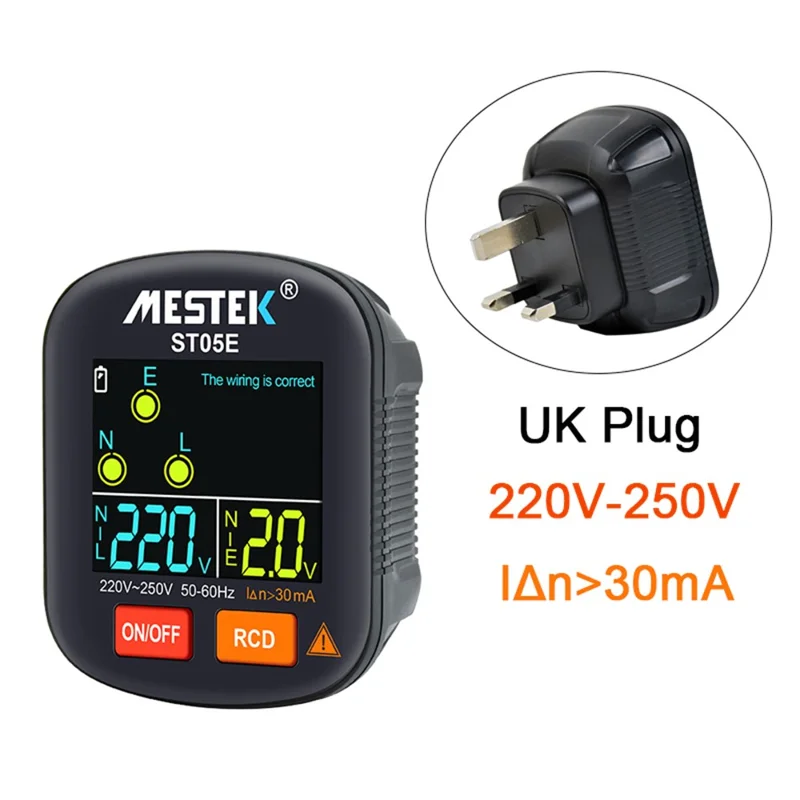 MESTEK ST05 Digital Socket Tester Battery-Operated HD Screen Socket Tester - UK Plug