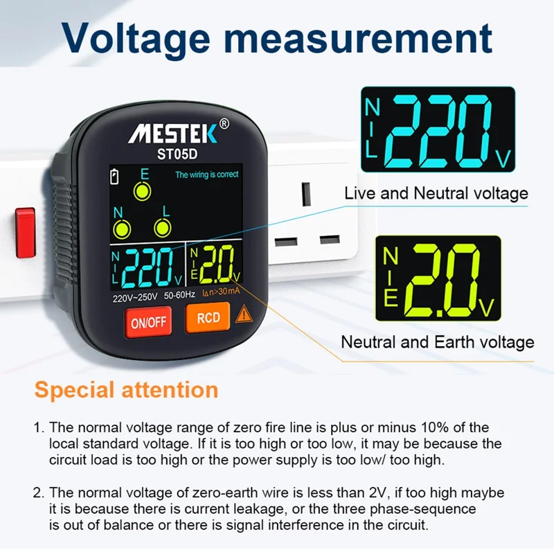 MESTEK ST05 Digital Socket Tester Battery-Operated HD Screen Socket Tester - UK Plug