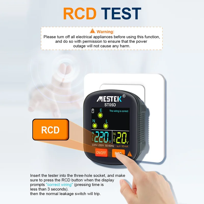MESTEK ST05 Digital Socket Tester Battery-Operated HD Screen Socket Tester - UK Plug