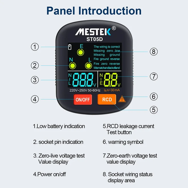 MESTEK ST05 Digital Socket Tester Battery-Operated HD Screen Socket Tester - UK Plug