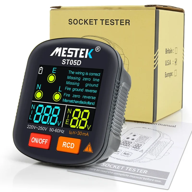 MESTEK ST05 Digital Socket Tester Battery-Operated HD Screen Socket Tester - UK Plug