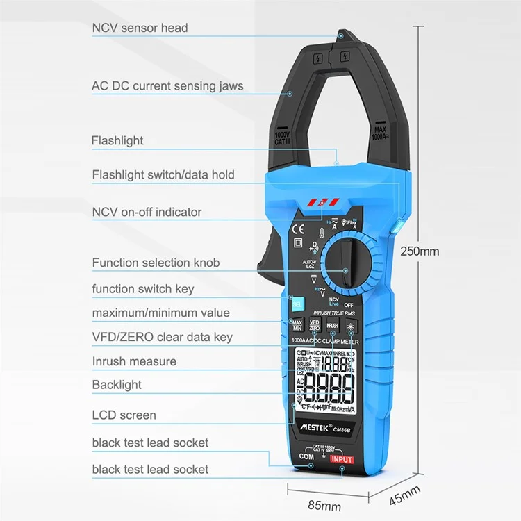 MESTEK CM86B AC / DC 1000A Clamp Meter High Precision Auto Range LCD Digital Multimeter (No Battery)