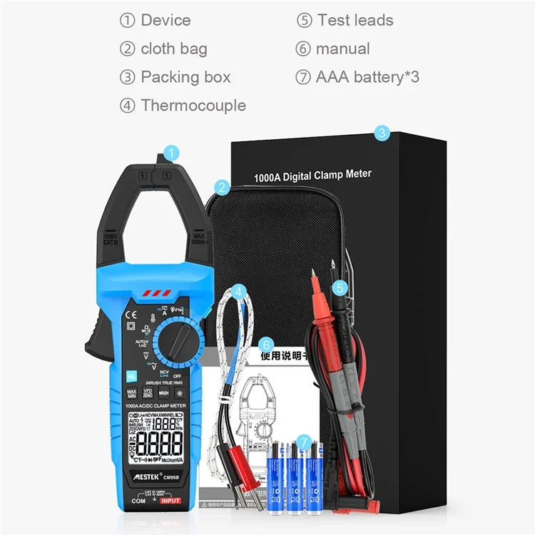 MESTEK CM86B AC / DC 1000A Clamp Meter High Precision Auto Range LCD Digital Multimeter (No Battery)