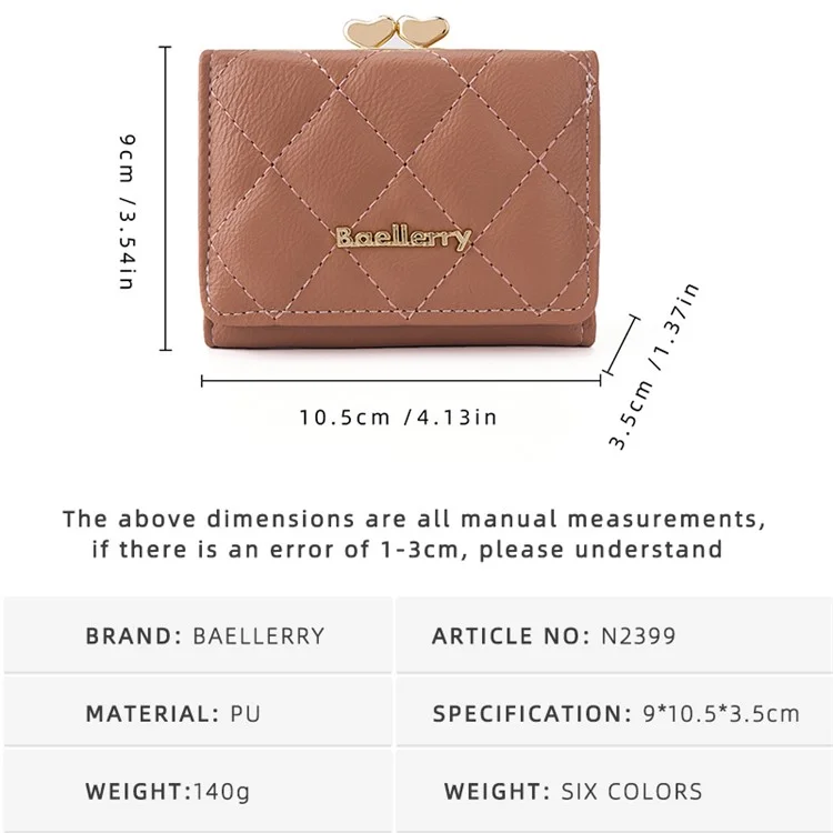 BAELLERRY N2399 Tri-fold PU Leather Short Wallet Cash Cards Holder Women Purse - Rojo Vino