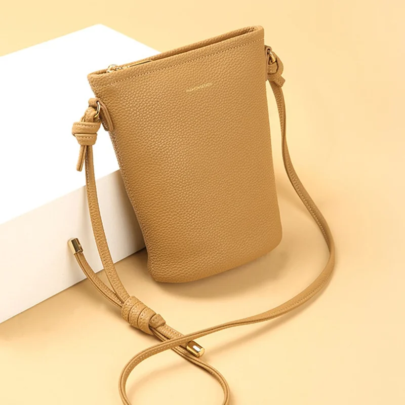 CKZC2223 Zipper Cellphone Bag Women Small Size Cowhide Leather Shoulder Bag - Biscuit Color