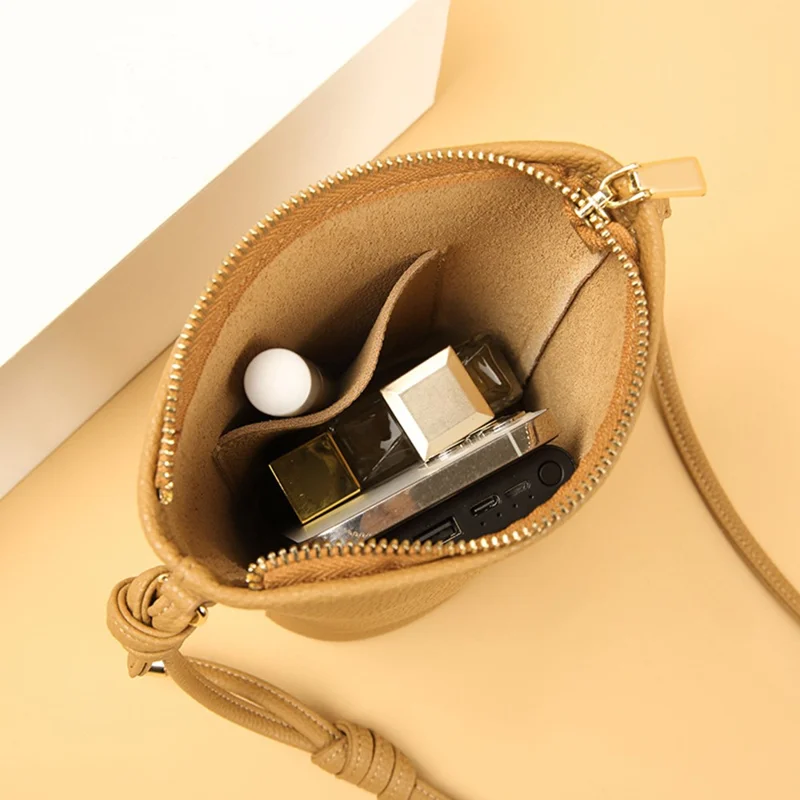 CKZC2223 Zipper Cellphone Bag Women Small Size Cowhide Leather Shoulder Bag - Biscuit Color
