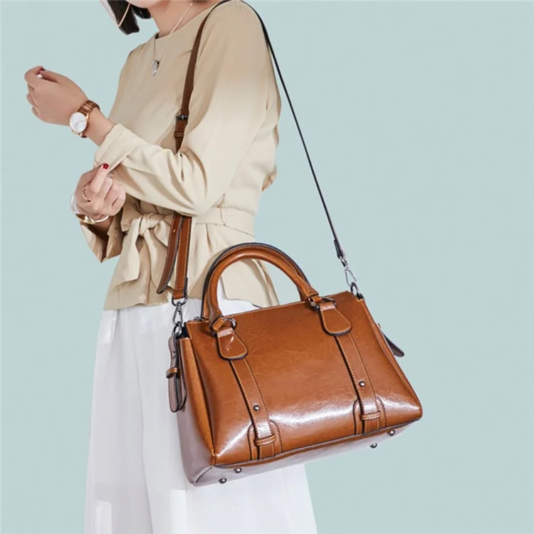 Sac fourre-tout 2833 Femmes Sac bandoulière en cuir de vache avec sangle d'épaule réglable - Marron