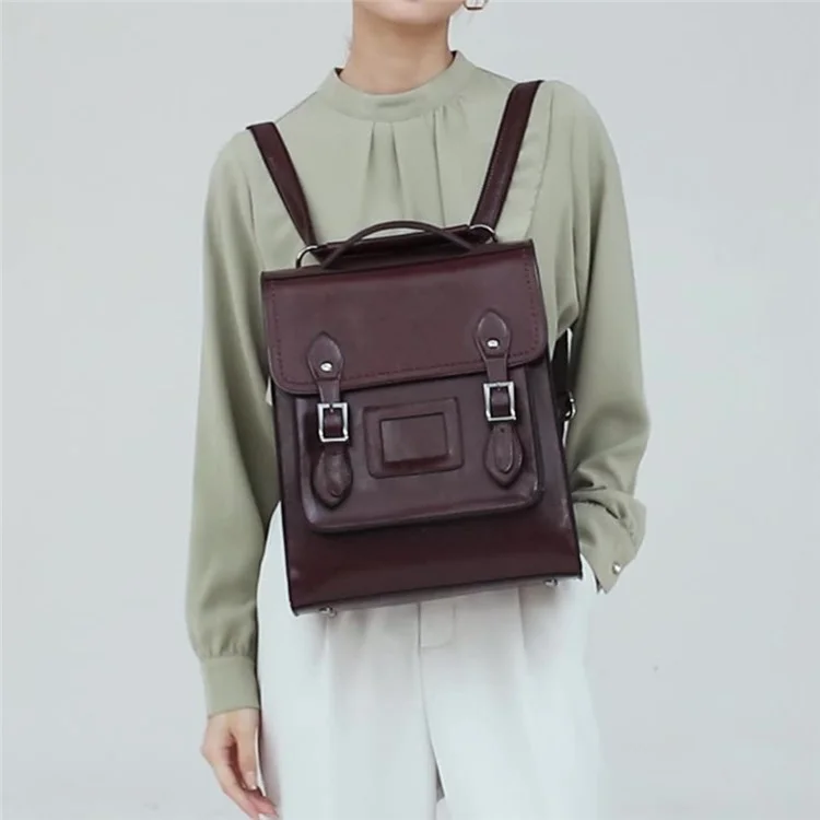 2766 Mochila de Couro de Vaca Encerado para Mulheres Cor Sólida Rucksack com Alça de Tote - Café