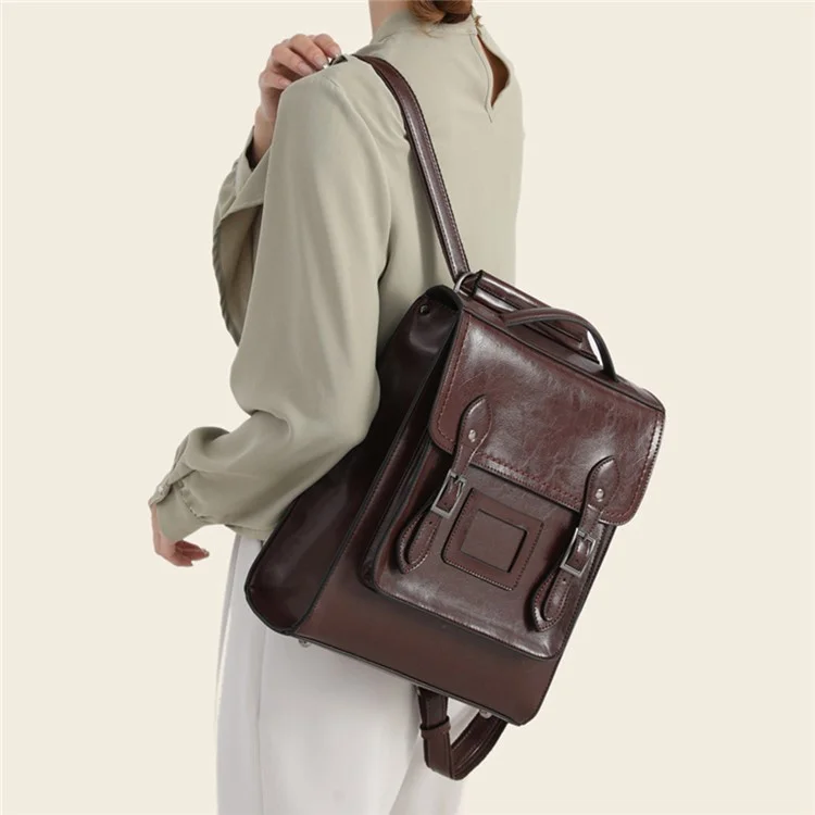 2766 Mochila de Couro de Vaca Encerado para Mulheres Cor Sólida Rucksack com Alça de Tote - Café