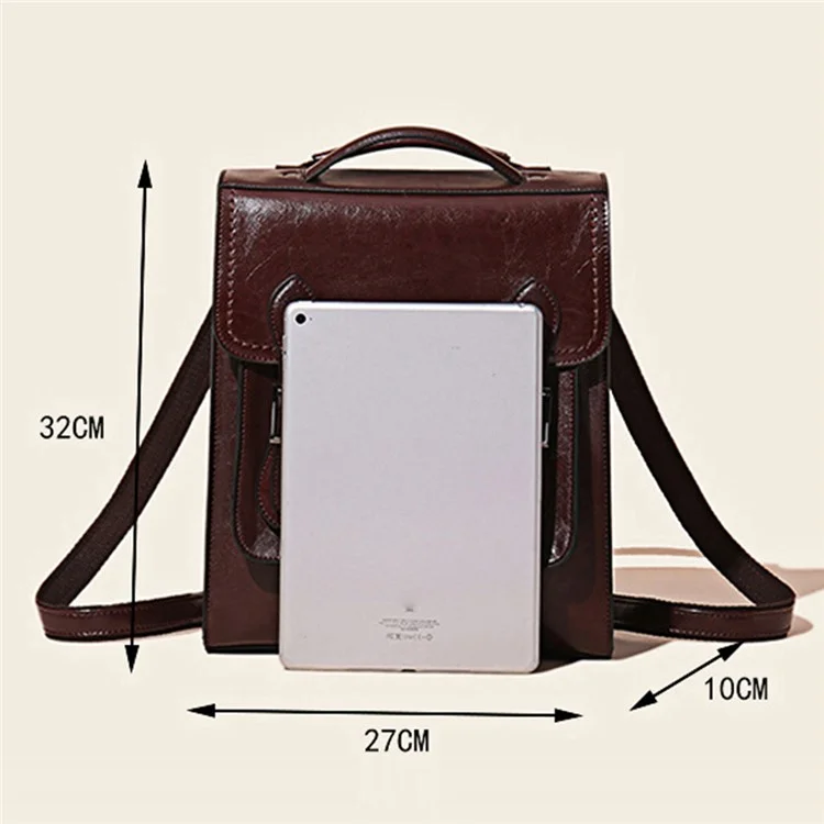2766 Mochila de Couro de Vaca Encerado para Mulheres Cor Sólida Rucksack com Alça de Tote - Café