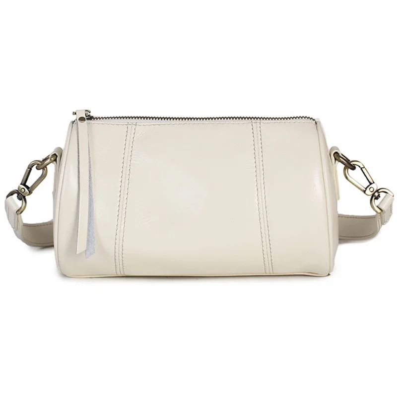 5686 Fashion Barrel Shape Cowhide Leather Shoulder Crossbody Bag for Women - White