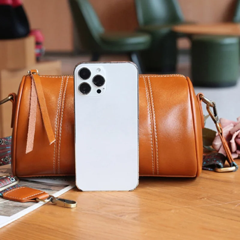5686 Fashion Barrel Shape Cowhide Leather Shoulder Crossbody Bag for Women - White
