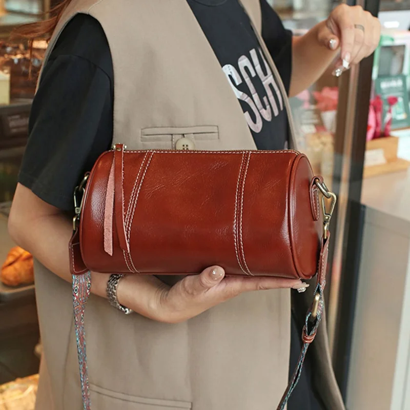 5686 Fashion Barrel Shape Cowhide Leather Shoulder Crossbody Bag for Women - White
