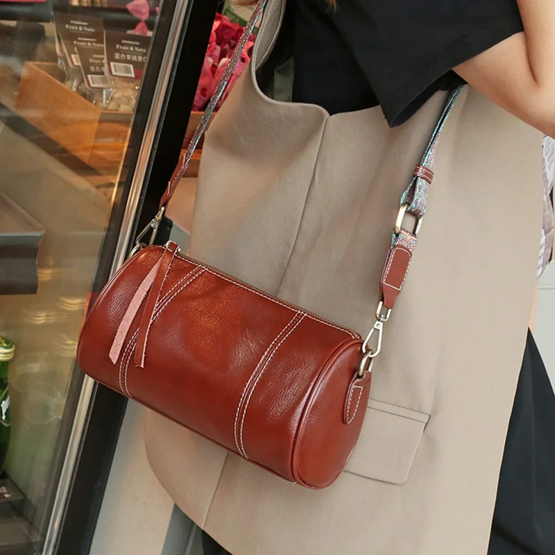 5686 Fashion Barrel Shape Cowhide Leather Shoulder Crossbody Bag for Women - White