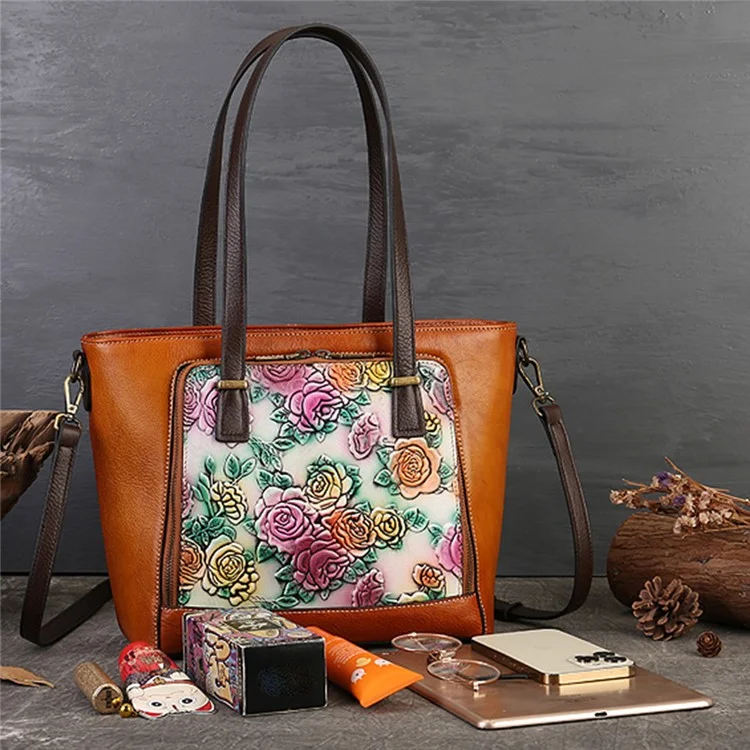 5616 Aesthetic Tote Bag for Women Cowhide Leather Crossbody Bag Work Handbag with Shoulder Strap - Brown