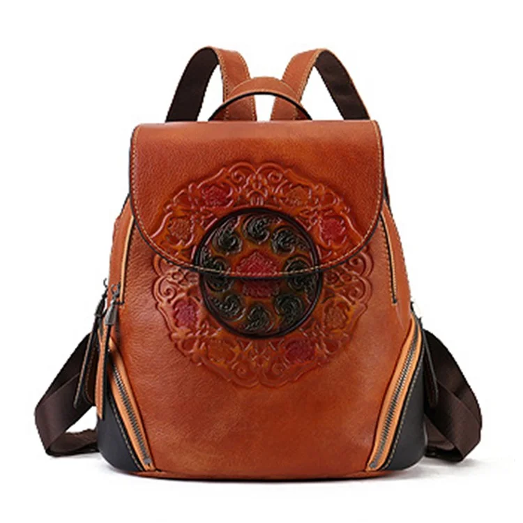 8098 Ethnic Style Cowhide Leather Backpack Men Women Travel Dual Shoulders Bag - Brown
