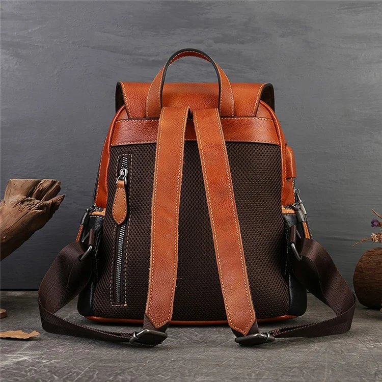 8098 Ethnic Style Cowhide Leather Backpack Men Women Travel Dual Shoulders Bag - Brown