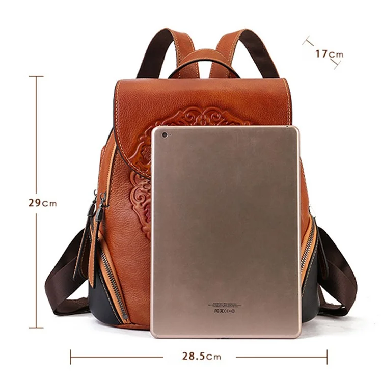 8098 Ethnic Style Cowhide Leather Backpack Men Women Travel Dual Shoulders Bag - Brown