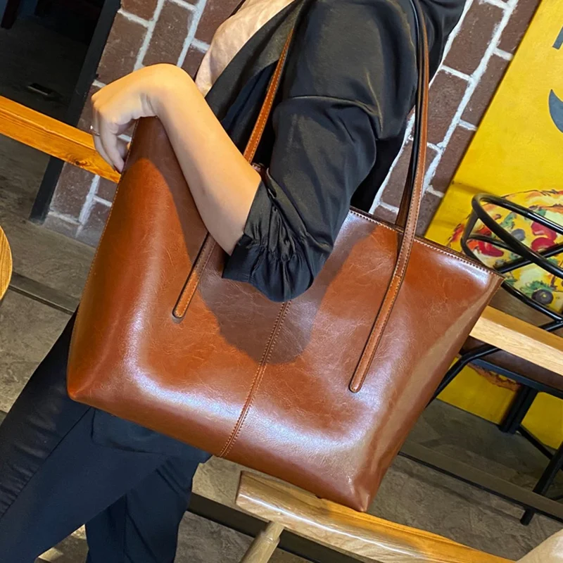 55259 Cowhide Leather Large Capacity Women Tote Bag All-match Single Shoulder Bag - Brown