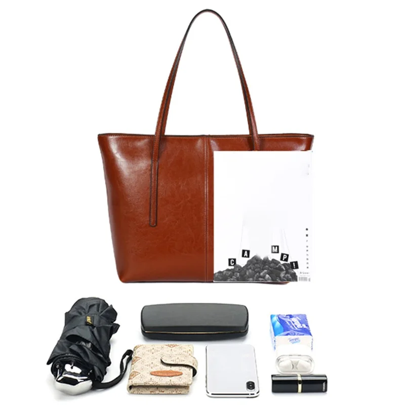55259 Cowhide Leather Large Capacity Women Tote Bag All-match Single Shoulder Bag - Brown
