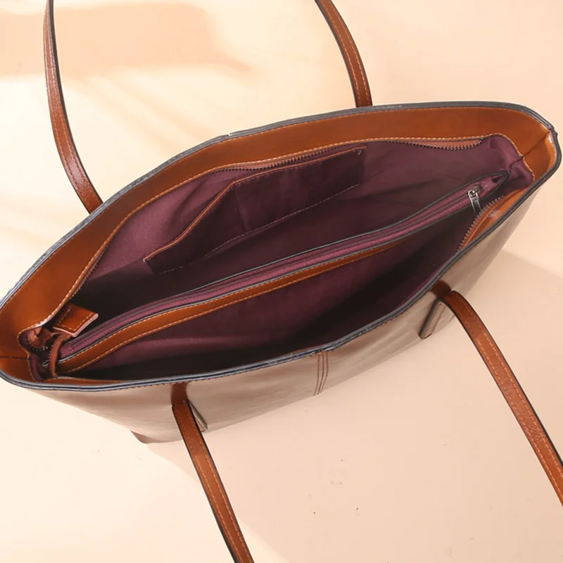 55259 Cowhide Leather Large Capacity Women Tote Bag All-match Single Shoulder Bag - Brown