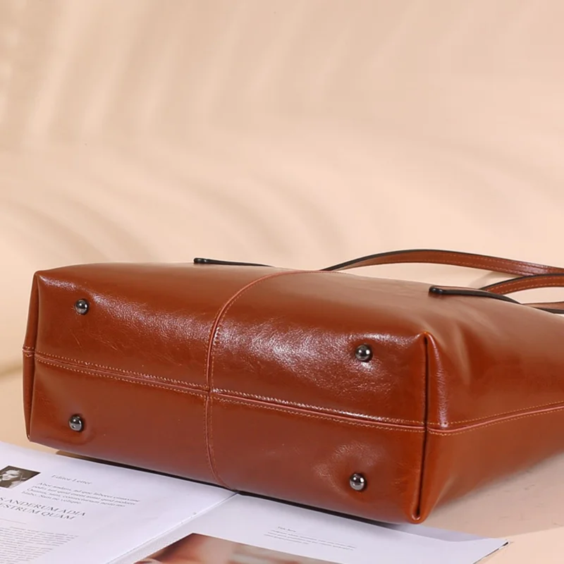 55259 Cowhide Leather Large Capacity Women Tote Bag All-match Single Shoulder Bag - Brown