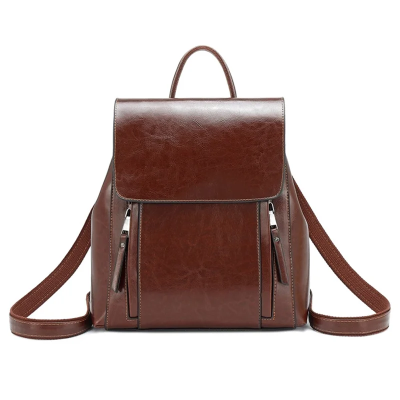 586 Retro Women Cowhide Leather Backpack Solid Color Dual Shoulders Bag - Coffee