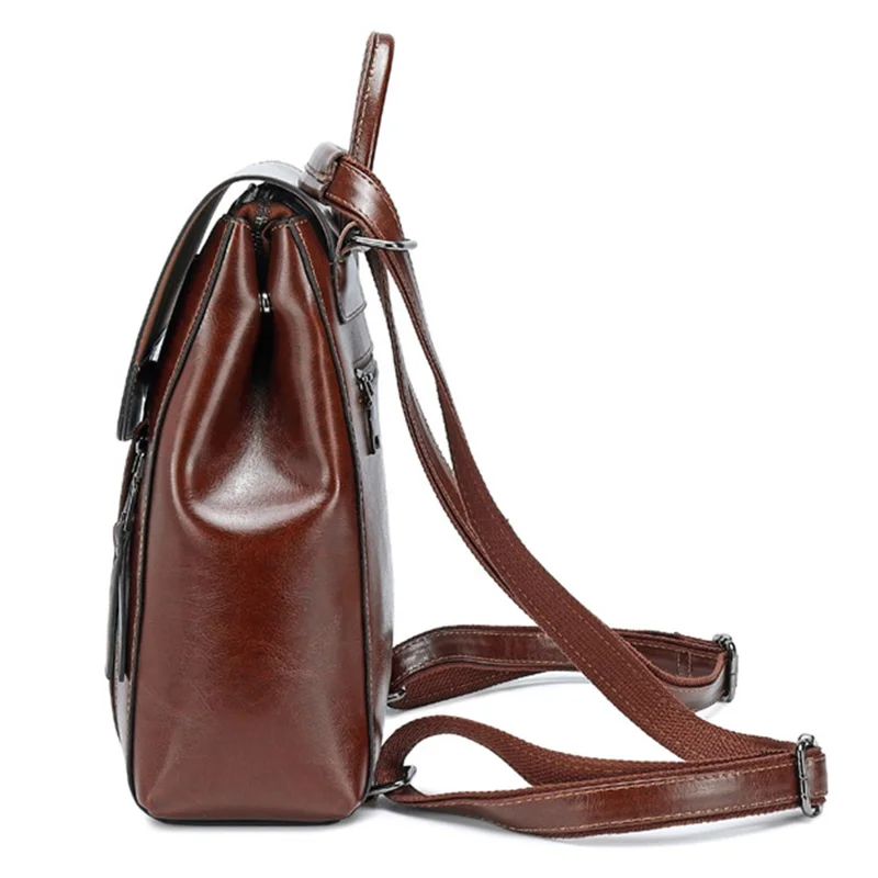 586 Retro Women Cowhide Leather Backpack Solid Color Dual Shoulders Bag - Coffee