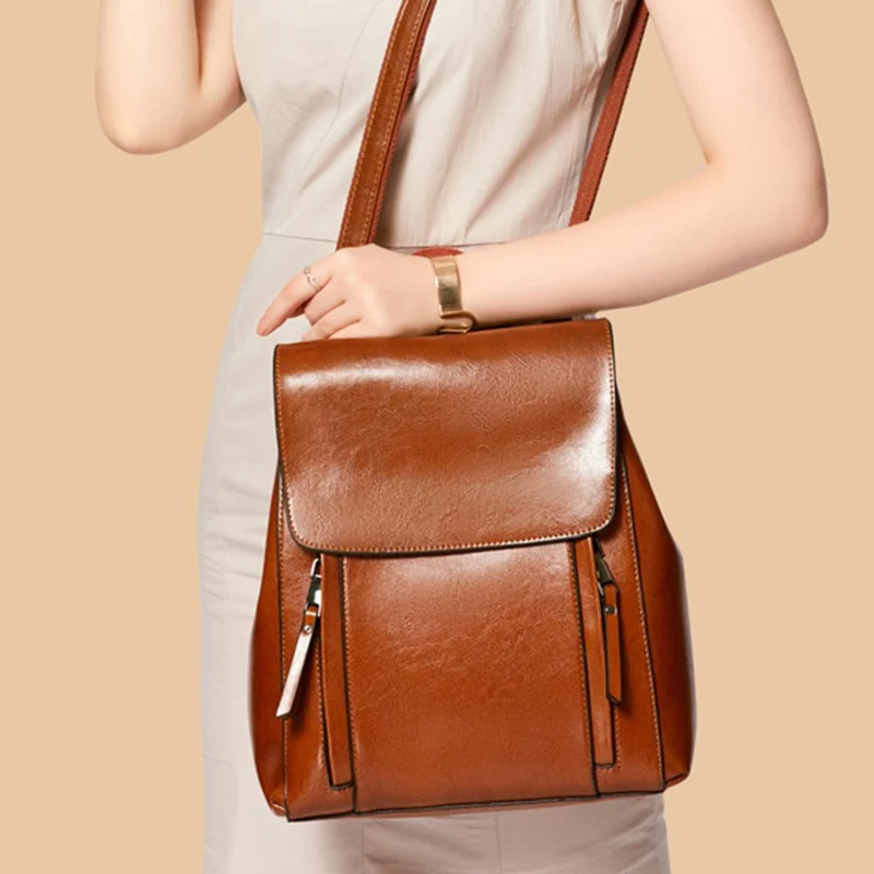 586 Retro Women Cowhide Leather Backpack Solid Color Dual Shoulders Bag - Coffee