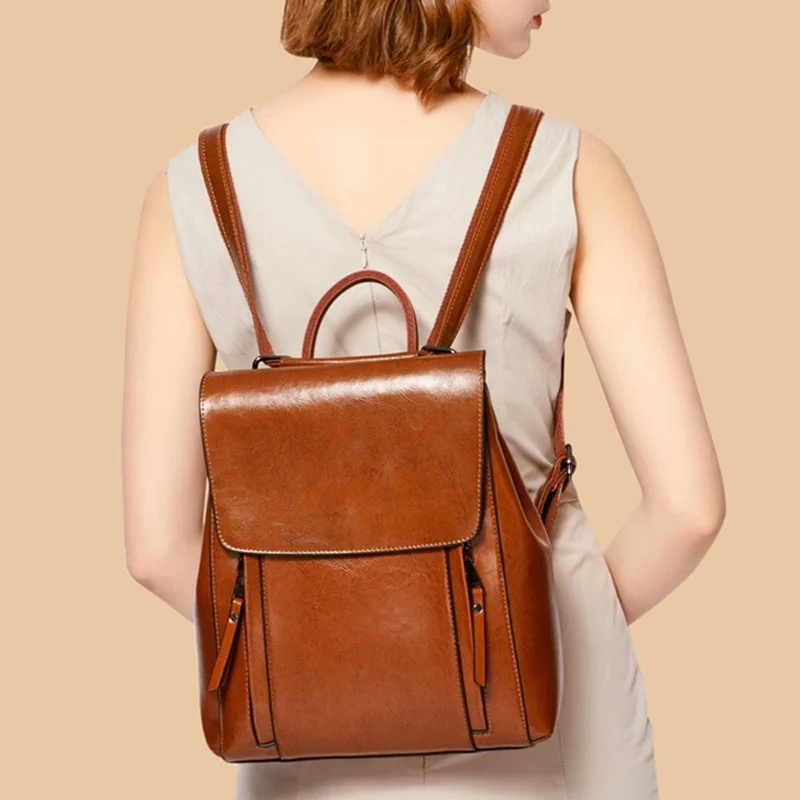 586 Retro Women Cowhide Leather Backpack Solid Color Dual Shoulders Bag - Coffee