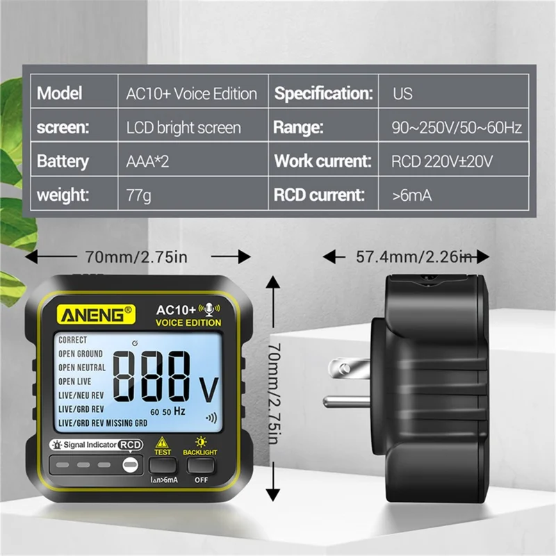 ANENG AC10+ Socket Tester Plug Detector Voice Broadcast Phase Detector Multimeter Digital Tester - US Plug