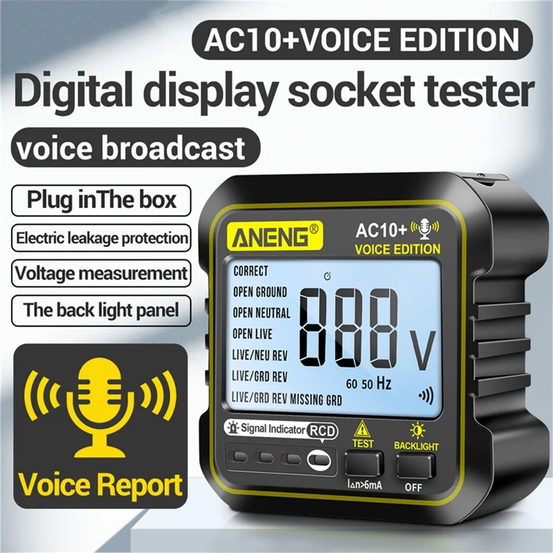 ANENG AC10+ Socket Tester Plug Detector Voice Broadcast Phase Detector Multimeter Digital Tester - US Plug
