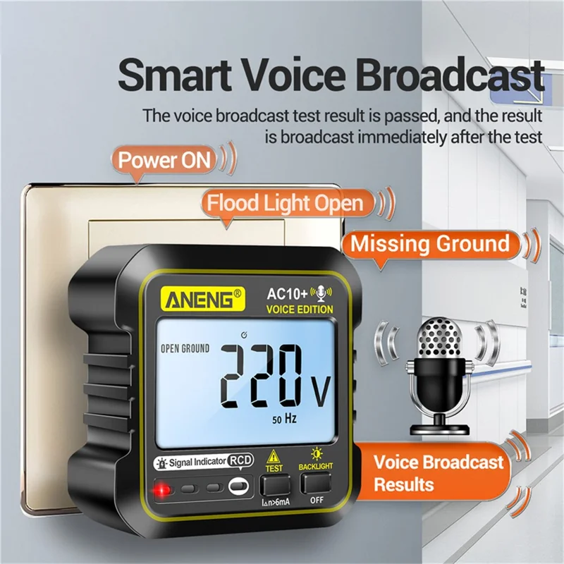 ANENG AC10+ Socket Tester Plug Detector Voice Broadcast Phase Detector Multimeter Digital Tester - US Plug