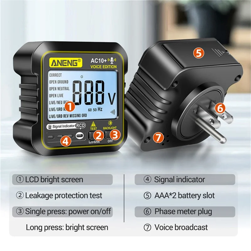 ANENG AC10+ Socket Tester Plug Detector Voice Broadcast Phase Detector Multimeter Digital Tester - US Plug