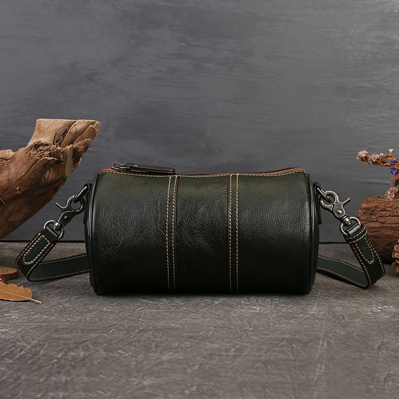1-511 Cylinder Shape Cowhide Leather Crossbody Bag Women Travel Shoulder Bag - Blackish Green