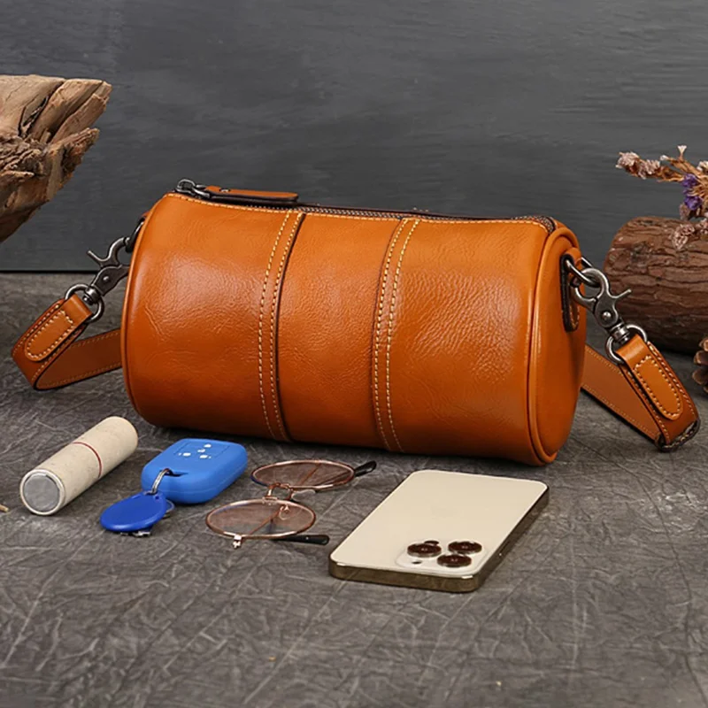 1-511 Cylinder Shape Cowhide Leather Crossbody Bag Women Travel Shoulder Bag - Blackish Green