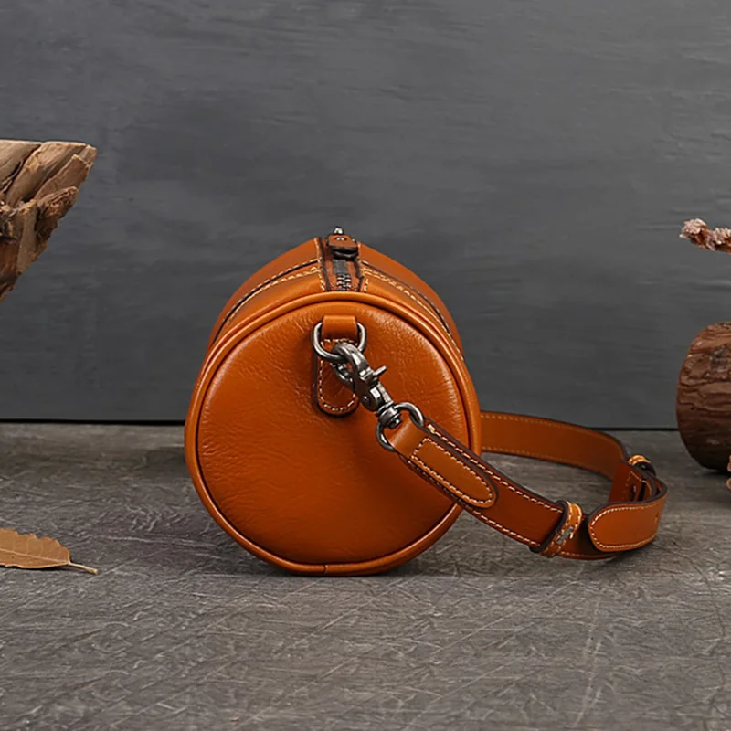 1-511 Cylinder Shape Cowhide Leather Crossbody Bag Women Travel Shoulder Bag - Blackish Green