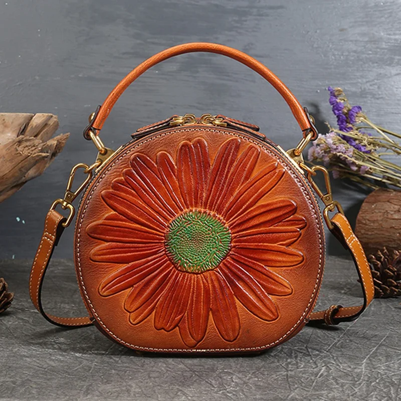 6222 Women Retro Cowhide Leather Crossbody Bag Embossment Flower Shoulder Bag Handbag - Brown