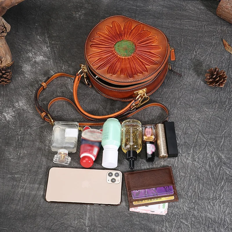 6222 Women Retro Cowhide Leather Crossbody Bag Embossment Flower Shoulder Bag Handbag - Brown