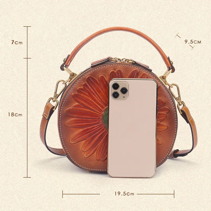 6222 Women Retro Cowhide Leather Crossbody Bag Embossment Flower Shoulder Bag Handbag - Brown