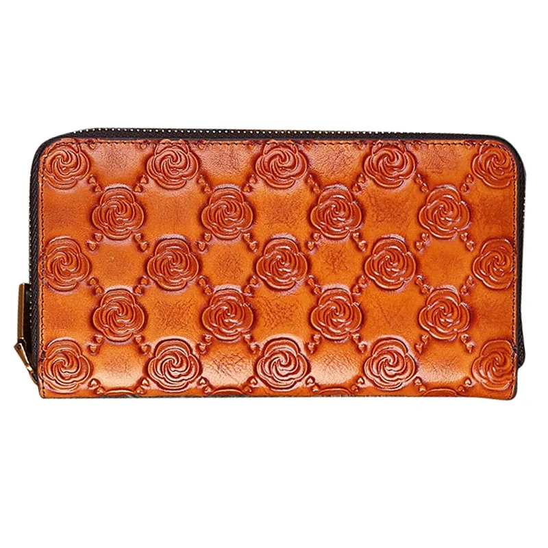 9738 Teen Girls Long Wallet Cowhide Leather Card Storage Holder Pouch Zipper Billfold for Women - Brown