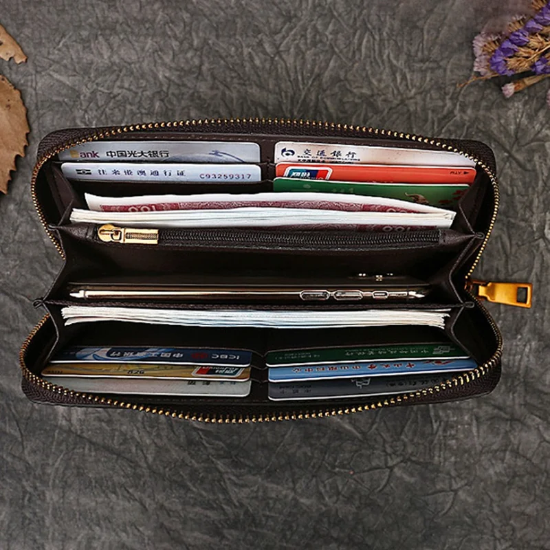 9738 Teen Girls Long Wallet Cowhide Leather Card Storage Holder Pouch Zipper Billfold for Women - Brown