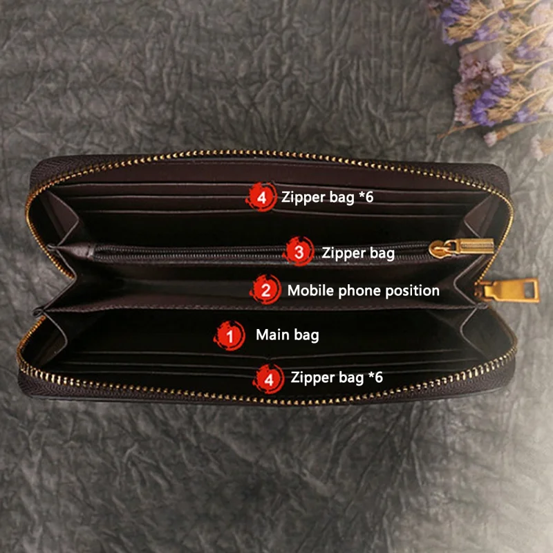 9738 Teen Girls Long Wallet Cowhide Leather Card Storage Holder Pouch Zipper Billfold for Women - Brown