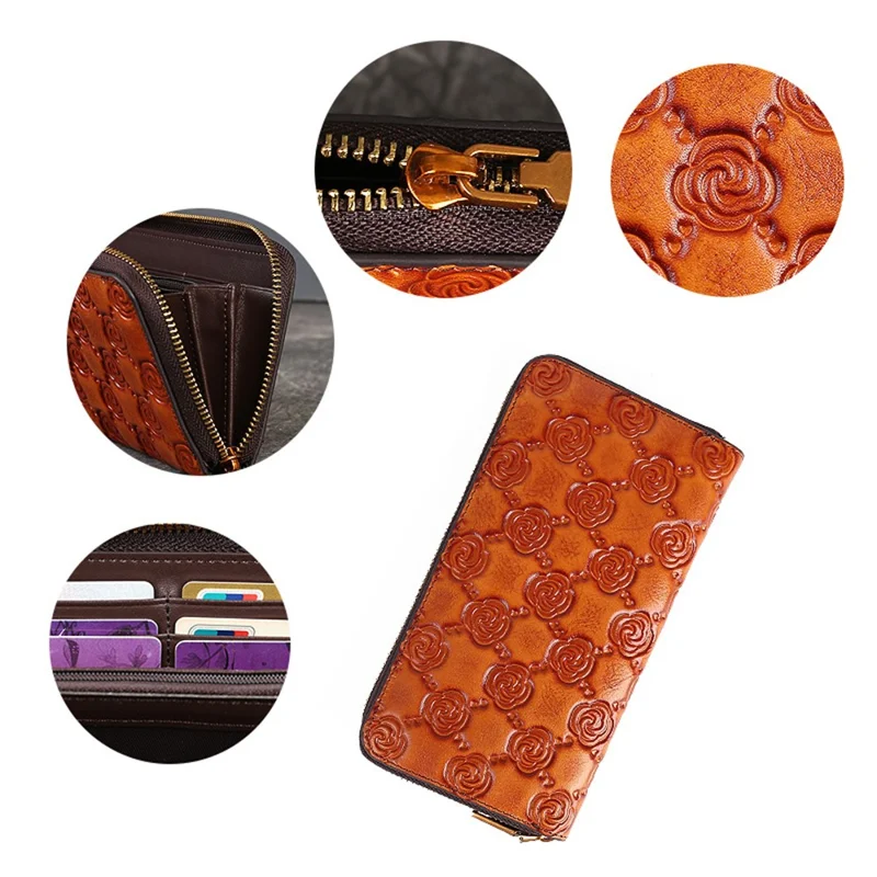 9738 Teen Girls Long Wallet Cowhide Leather Card Storage Holder Pouch Zipper Billfold for Women - Brown