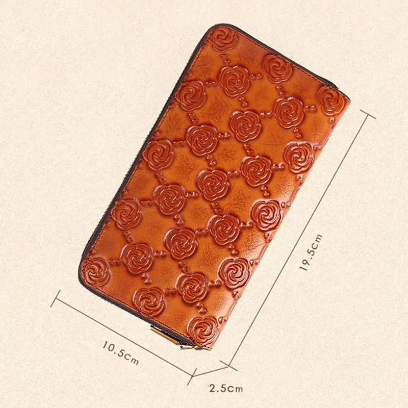 9738 Teen Girls Long Wallet Cowhide Leather Card Storage Holder Pouch Zipper Billfold for Women - Brown