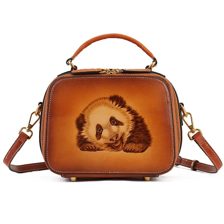 3039 Ladie's Cowhide Leather Handbag Vintage Bag Organizer Panda Pattern Crossbody Bag
