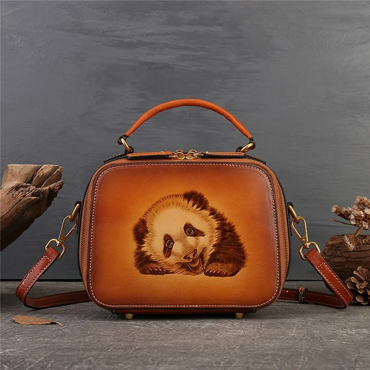 3039 Ladie's Cowhide Leather Handbag Vintage Bag Organizer Panda Pattern Crossbody Bag
