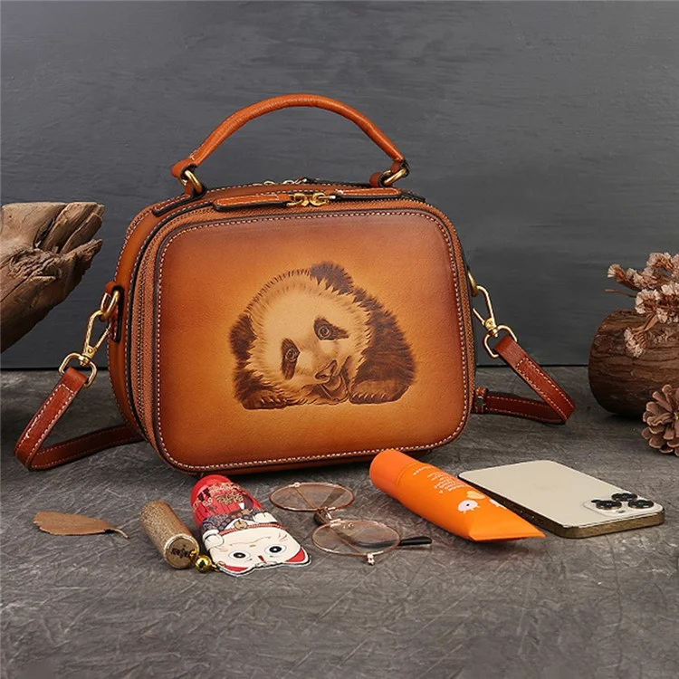 3039 Ladie's Cowhide Leather Handbag Vintage Bag Organizer Panda Pattern Crossbody Bag
